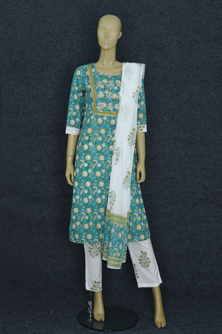 Split Neck Front Yoke With Floral Design Teal Green Cotton Salwar Set