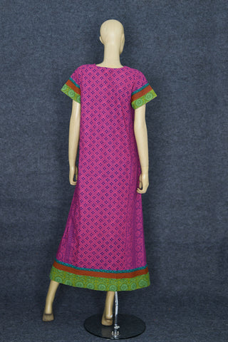 Sweet-Heart Neck With Patch Work Magenta Printed Cotton Nightie