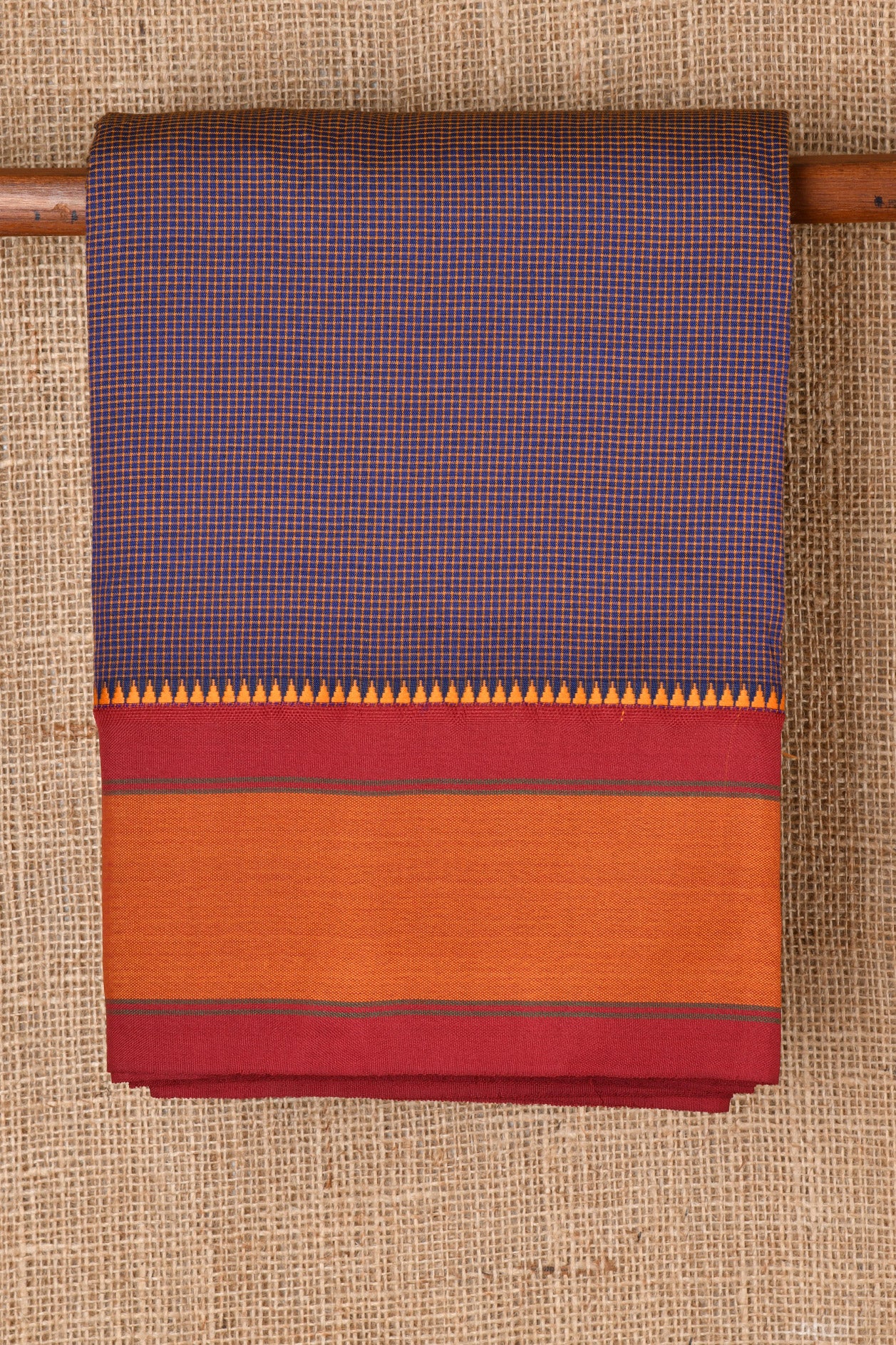 Temple Border With Checked Blue Dharwad Cotton Saree