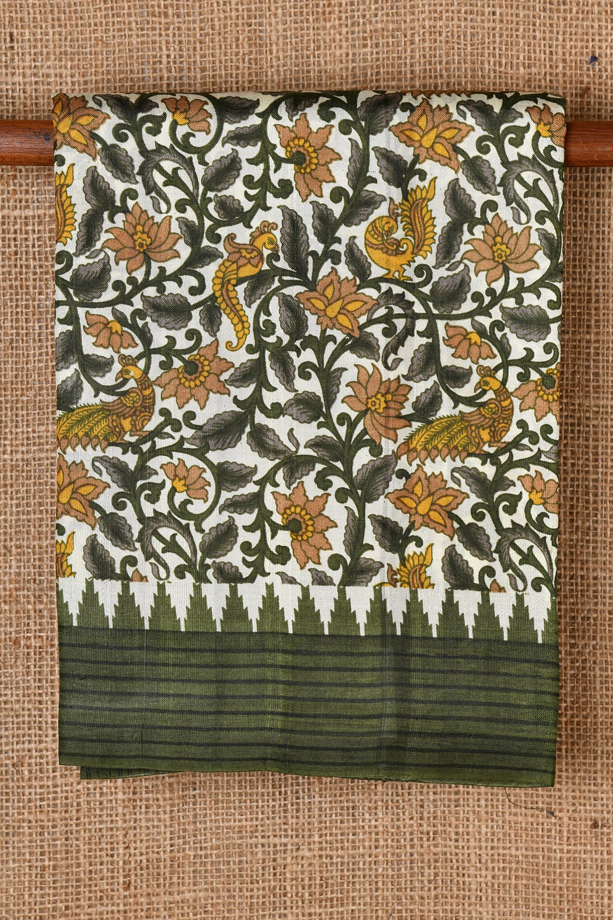 Temple Border Floral Design Ivory And Green Printed Silk Saree