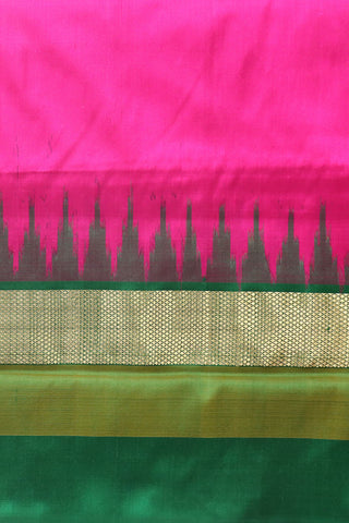 Temple Border In Plain Hot Pink Pochampally Silk Saree