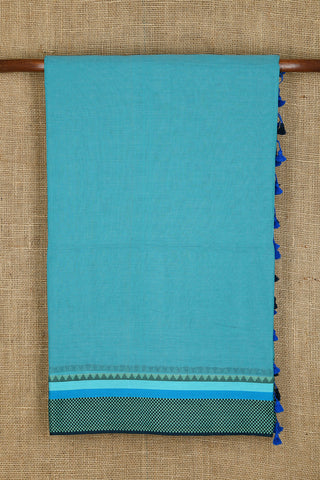 Temple Border In Plain Teal Blue Bengal Cotton Saree