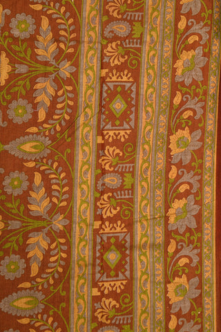 Temple Border With Floral Digital Printed Brown Semi Raw Silk Saree