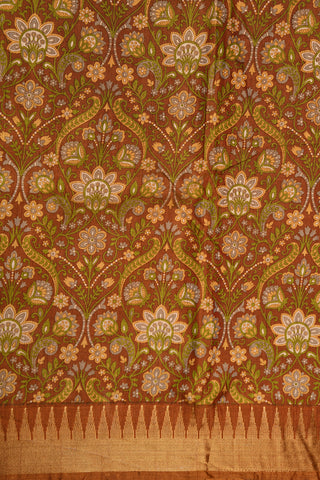 Temple Border With Floral Digital Printed Brown Semi Raw Silk Saree