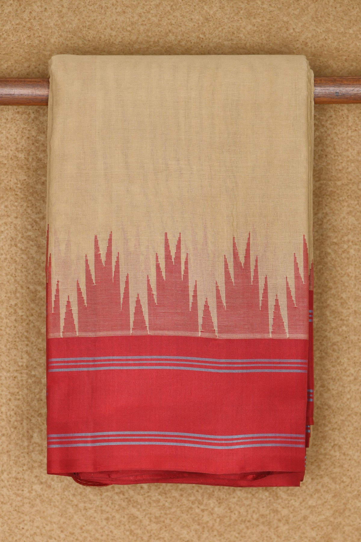 Temple Design Contrast Silk Border In Plain Beige Kanchi Cotton Saree