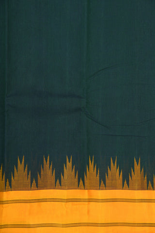 Temple Design Contrast Silk Border In Plain Bottle Green Kanchi Cotton Saree