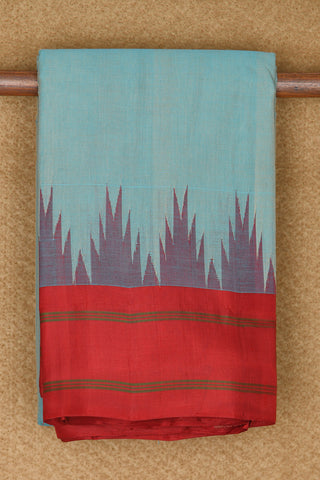 Temple Design Contrast Silk Border In Plain Light Teal Blue Kanchi Cotton Saree