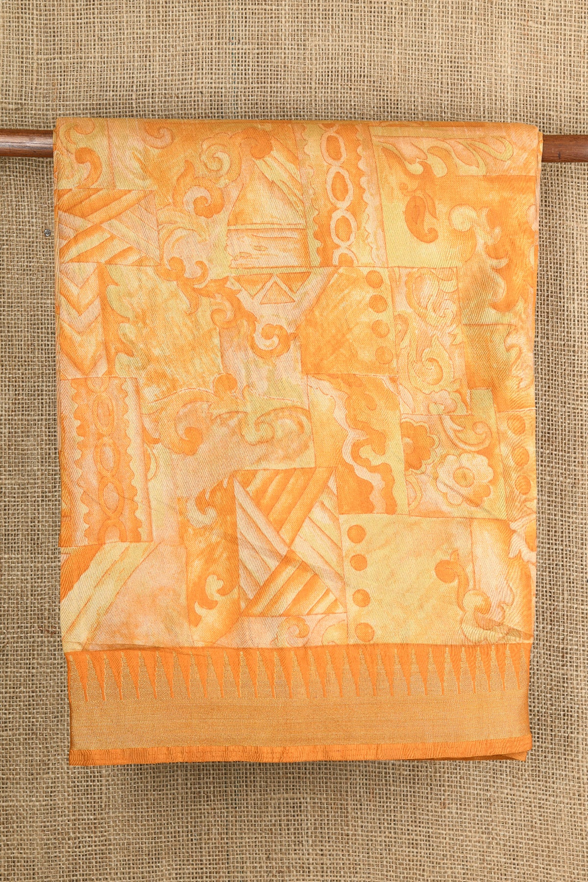 Temple Zari Border With Allover Design Digital Printed Peach Orange Semi Raw Silk Saree