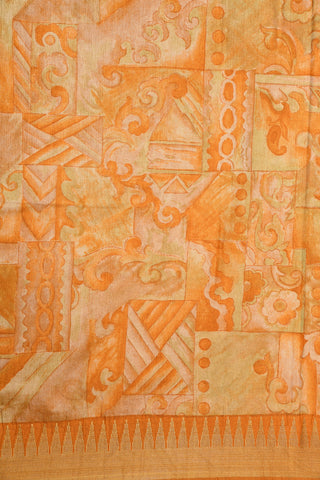 Temple Zari Border With Allover Design Digital Printed Peach Orange Semi Raw Silk Saree