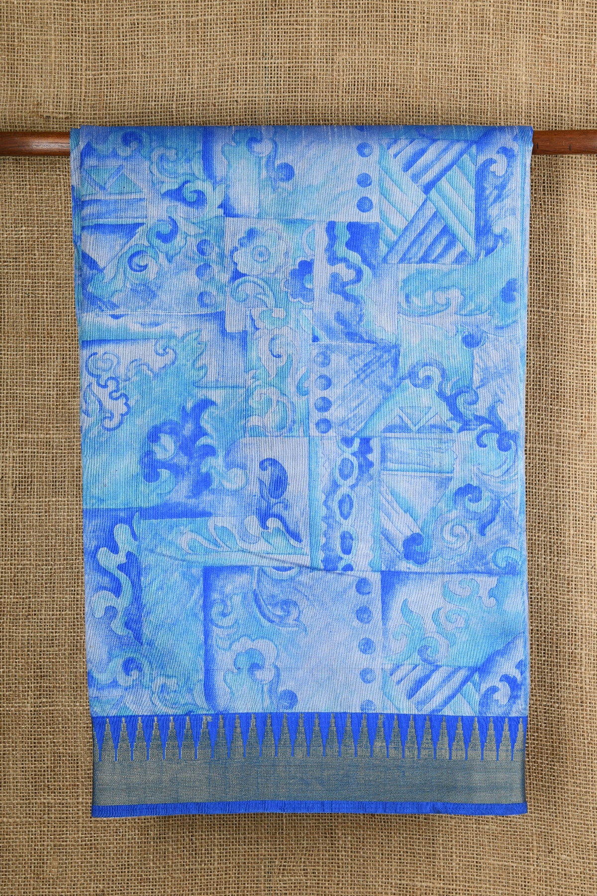 Temple Zari Border With Allover Design Digital Printed Pastel Blue Semi Raw Silk Saree