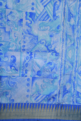 Temple Zari Border With Allover Design Digital Printed Pastel Blue Semi Raw Silk Saree