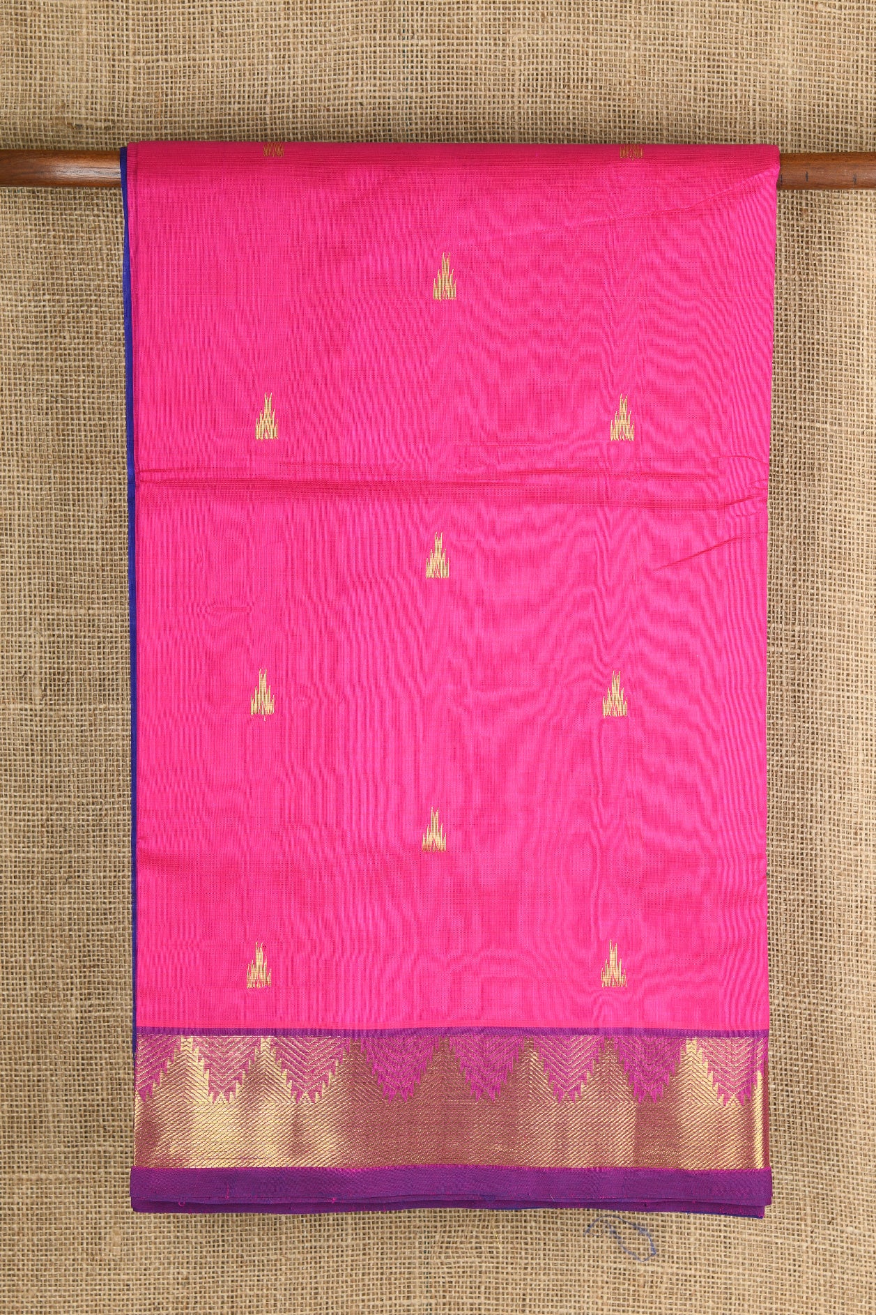 Temple Zari Border With Bindi Buttis Hot Pink Silk Cotton Saree