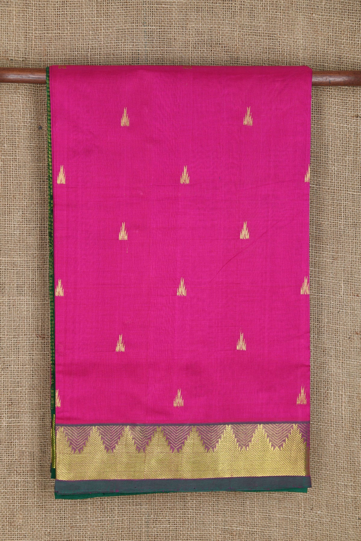 Temple Zari Border With Bindi Buttis Magenta Pink Silk Cotton Saree