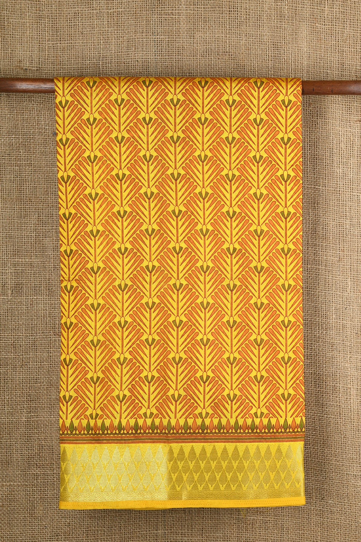 Thilagam Border In Stripes Digital Printed Yellow Semi Raw Silk Saree