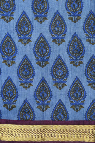 Digital Printed Thilagam Design Blue Semi Raw Silk Saree