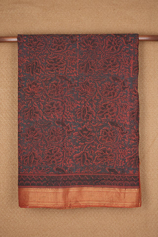 Floral Kalamkari Block Printed Grey Mangalagiri Cotton Saree