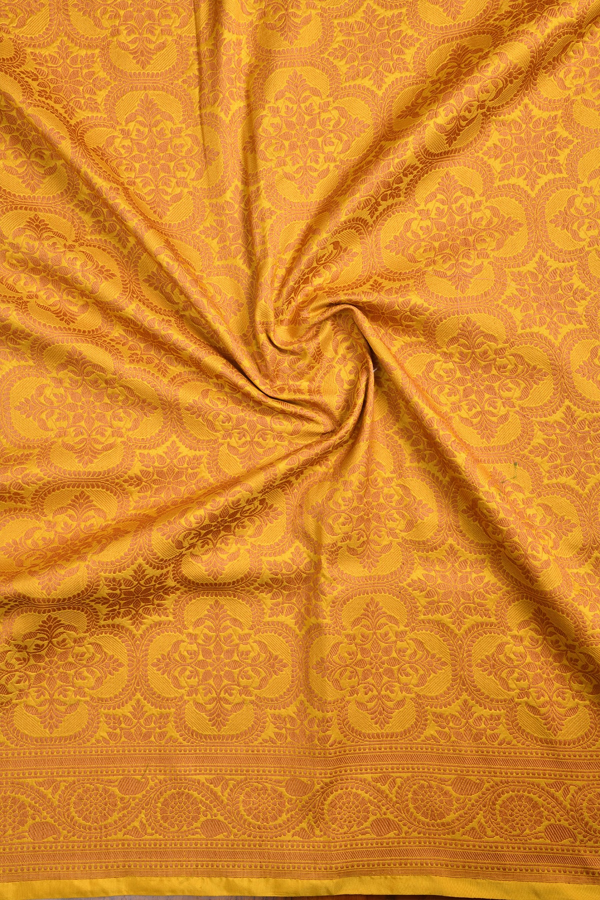 Thread Work Floral Design Mustard Banaras Silk Saree