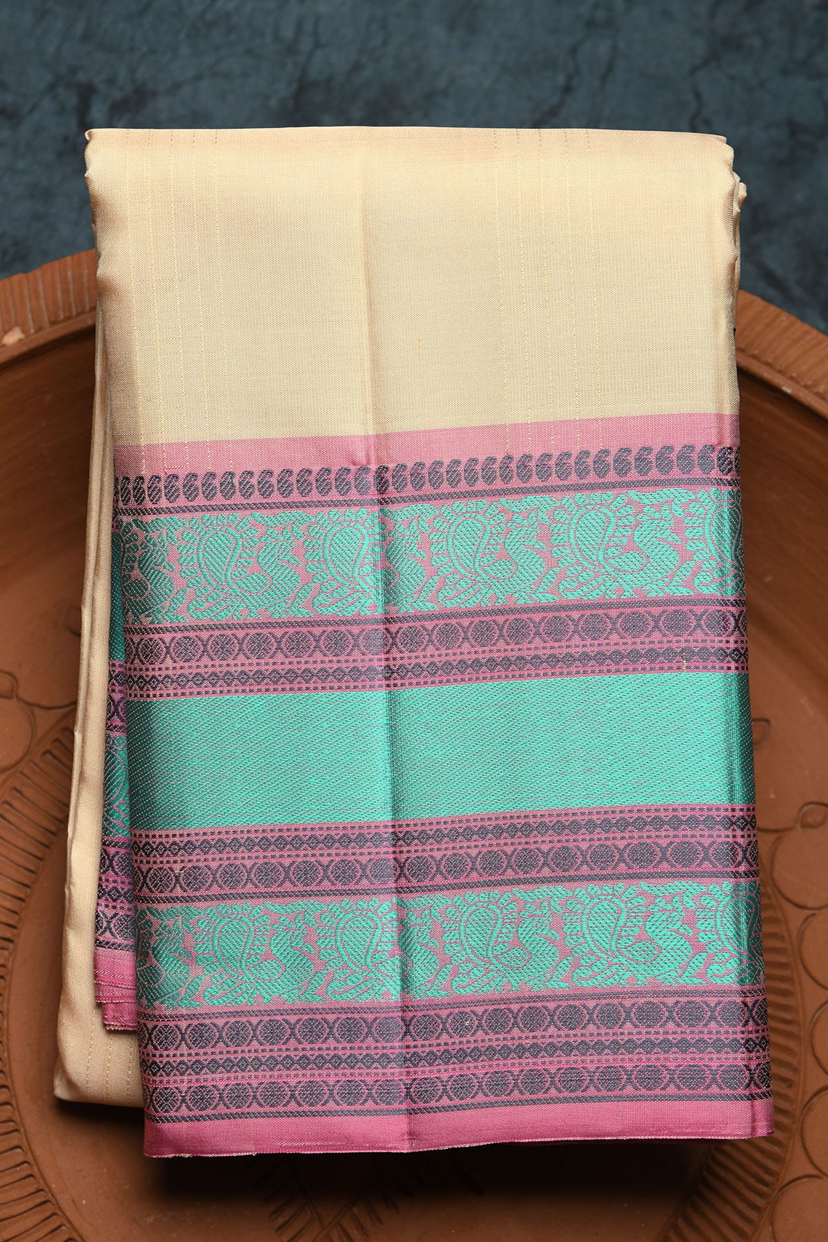 Thread Work Annam Border In Stripes Beige Kanchipuram Silk Saree
