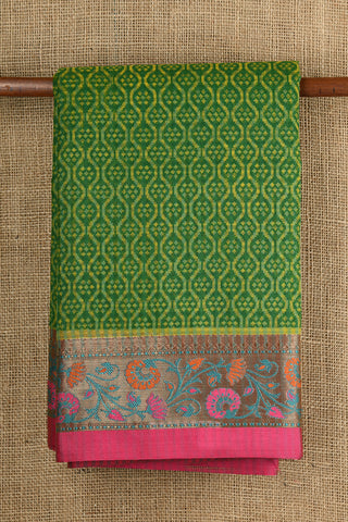 Thread Work And Zari Border With Geometric Pattern Fern Green Semi Kota Cotton Saree
