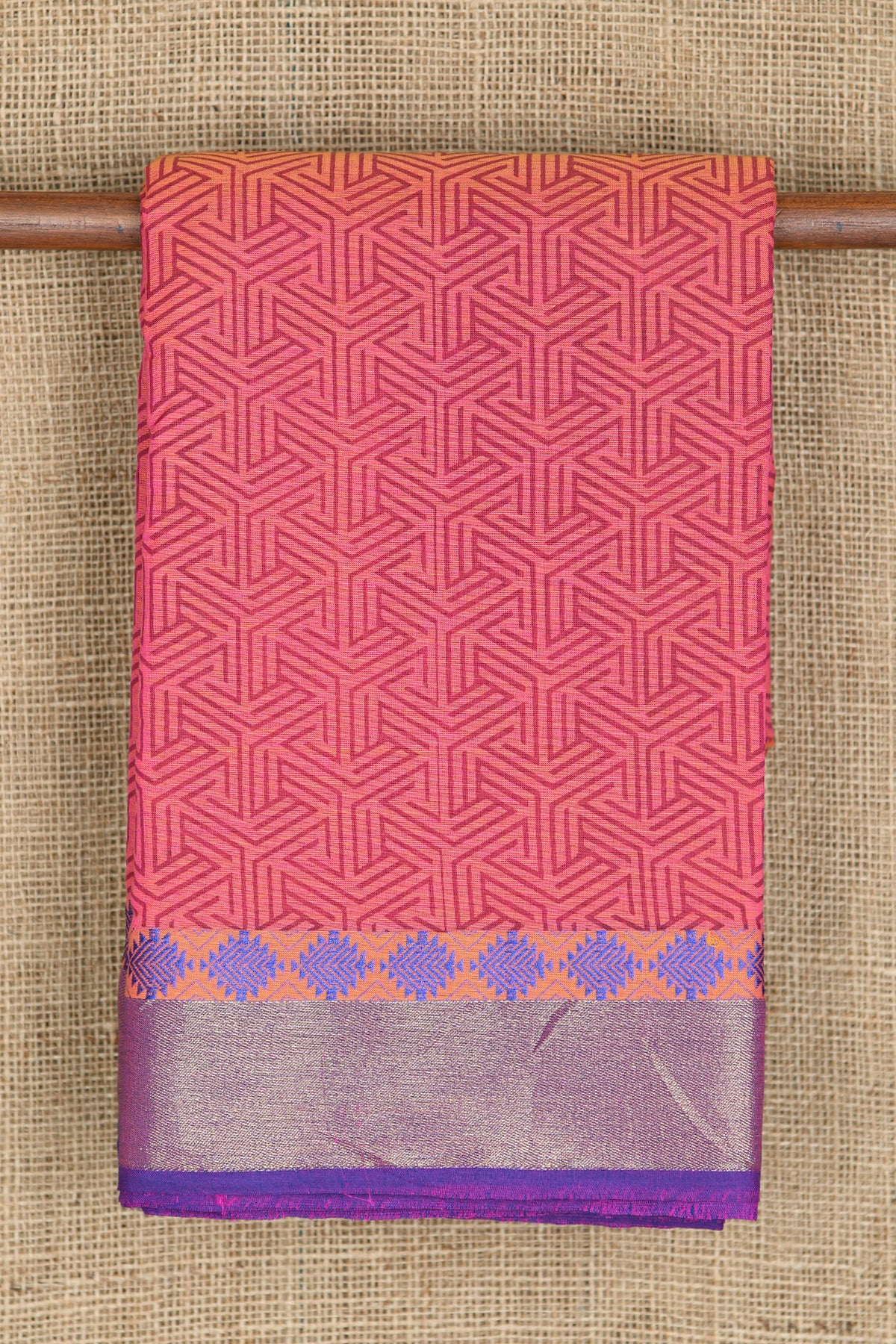 Thread Work And Zari Border With Geometric Pattern Printed Pink Chanderi Cotton Saree