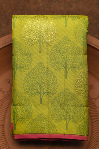 Thread Work And Zari Tree Motif Lime Green Kanchipuram Silk Saree