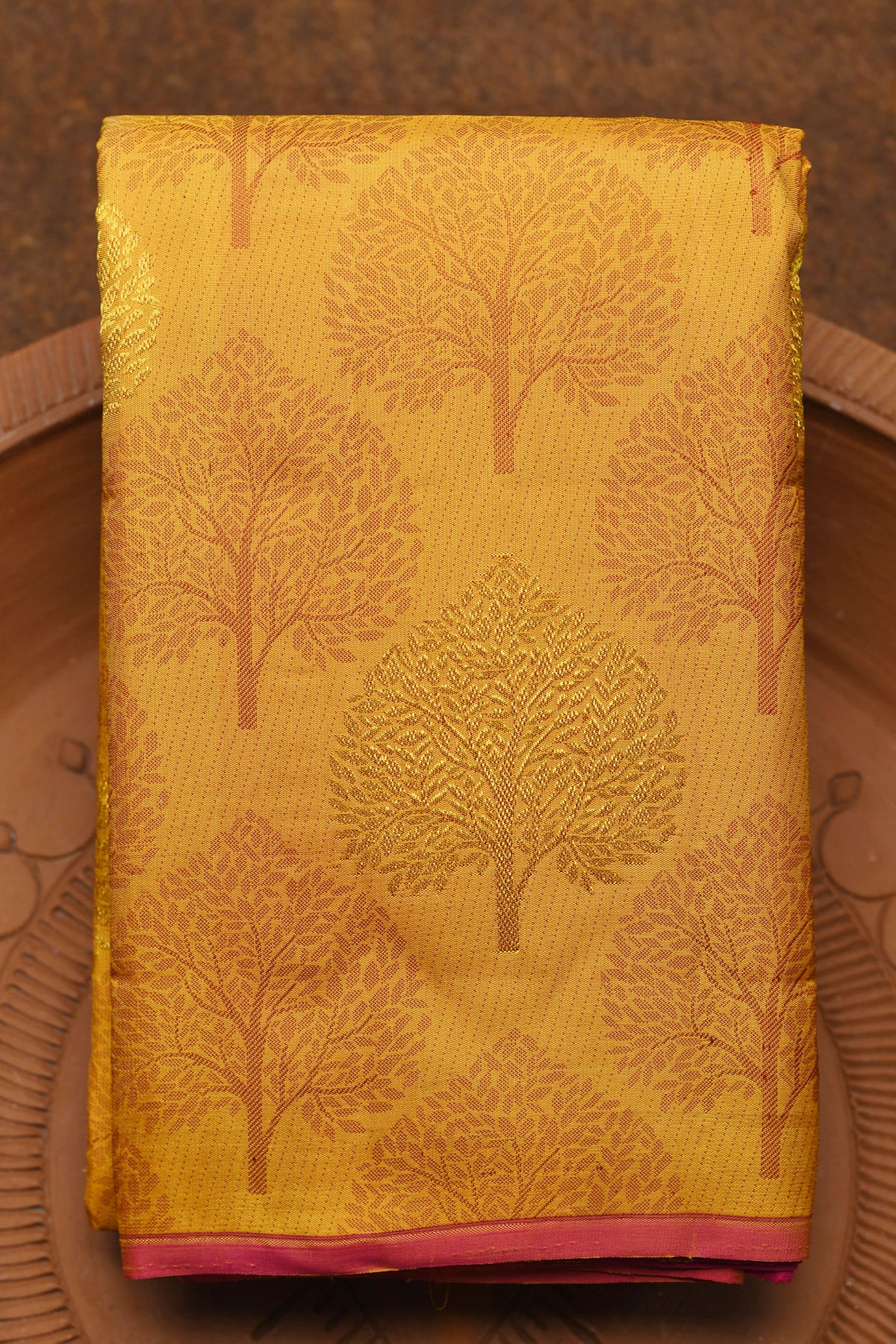 Thread Work And Zari Tree Motif Mustard Kanchipuram Silk Saree