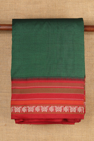 Thread Work Big Border In Plain Bottle Green Dharwad Cotton Saree