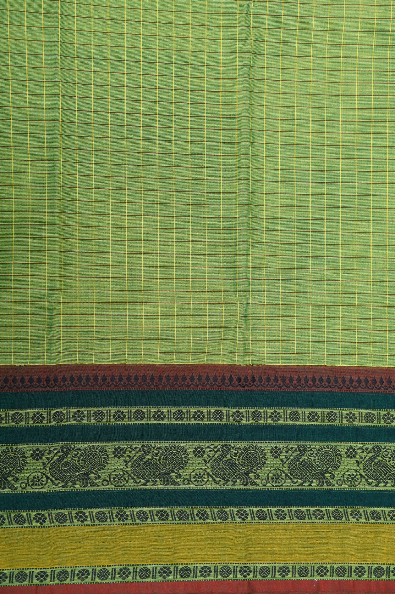 Thread Work Peacock Border In Checks Pear Green Chettinad Cotton Saree