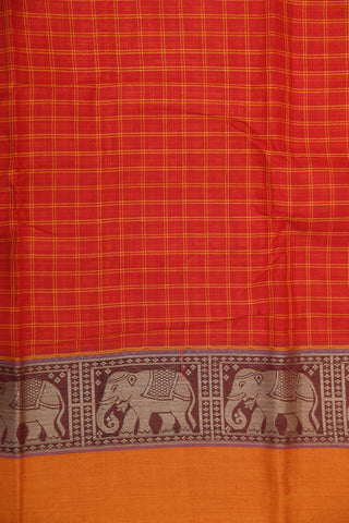 Thread Work Border In Checks With Kalamkari Printed Blouse Red Chettinad Cotton Saree