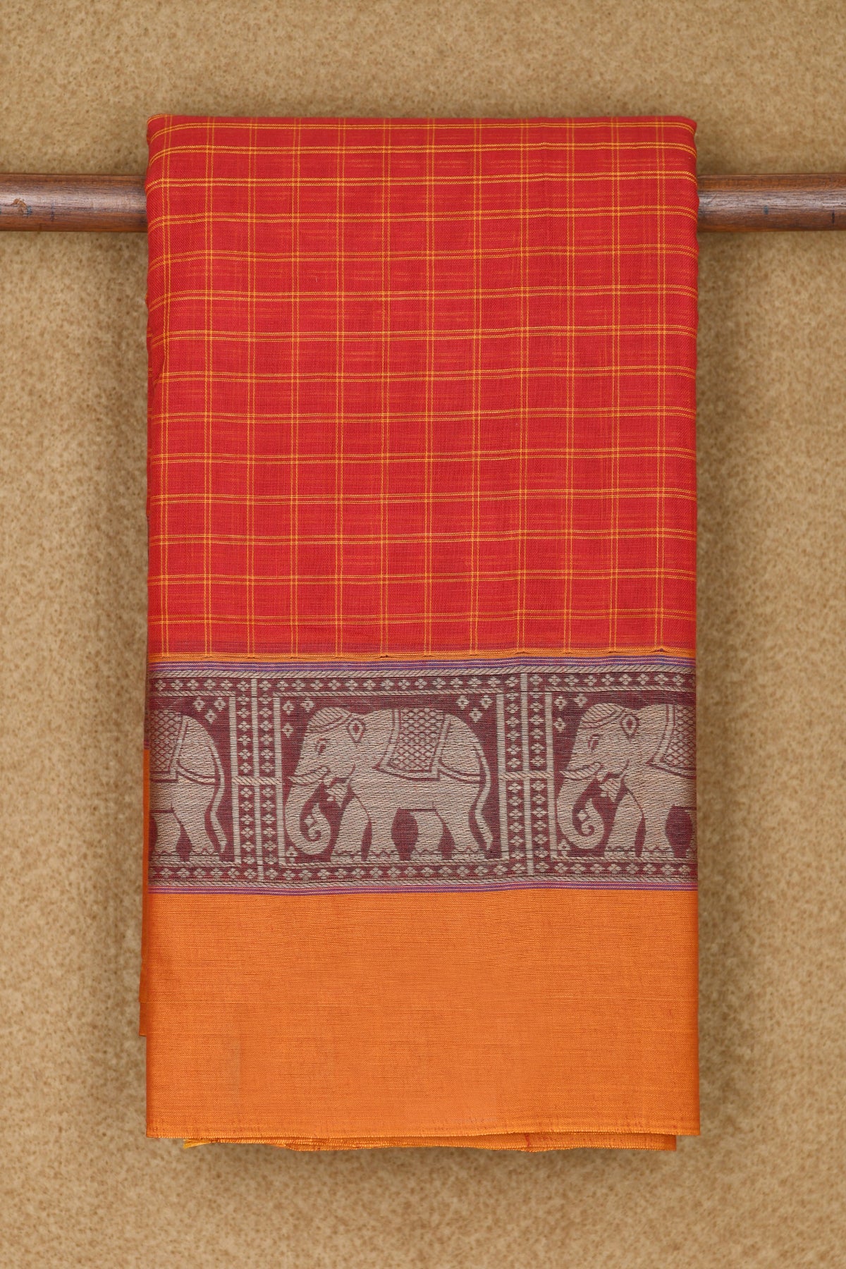 Thread Work Border In Checks With Kalamkari Printed Blouse Red Chettinad Cotton Saree