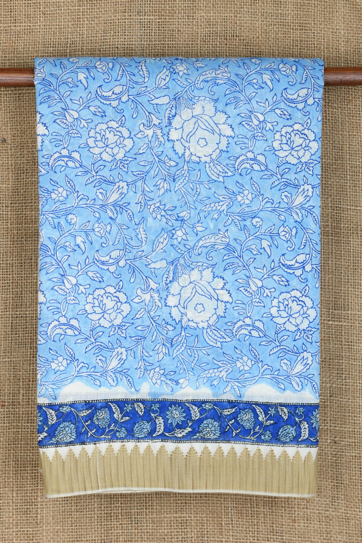 Thread Work Border In Floral Printed Sky Blue Maheswari Silk Cotton Saree