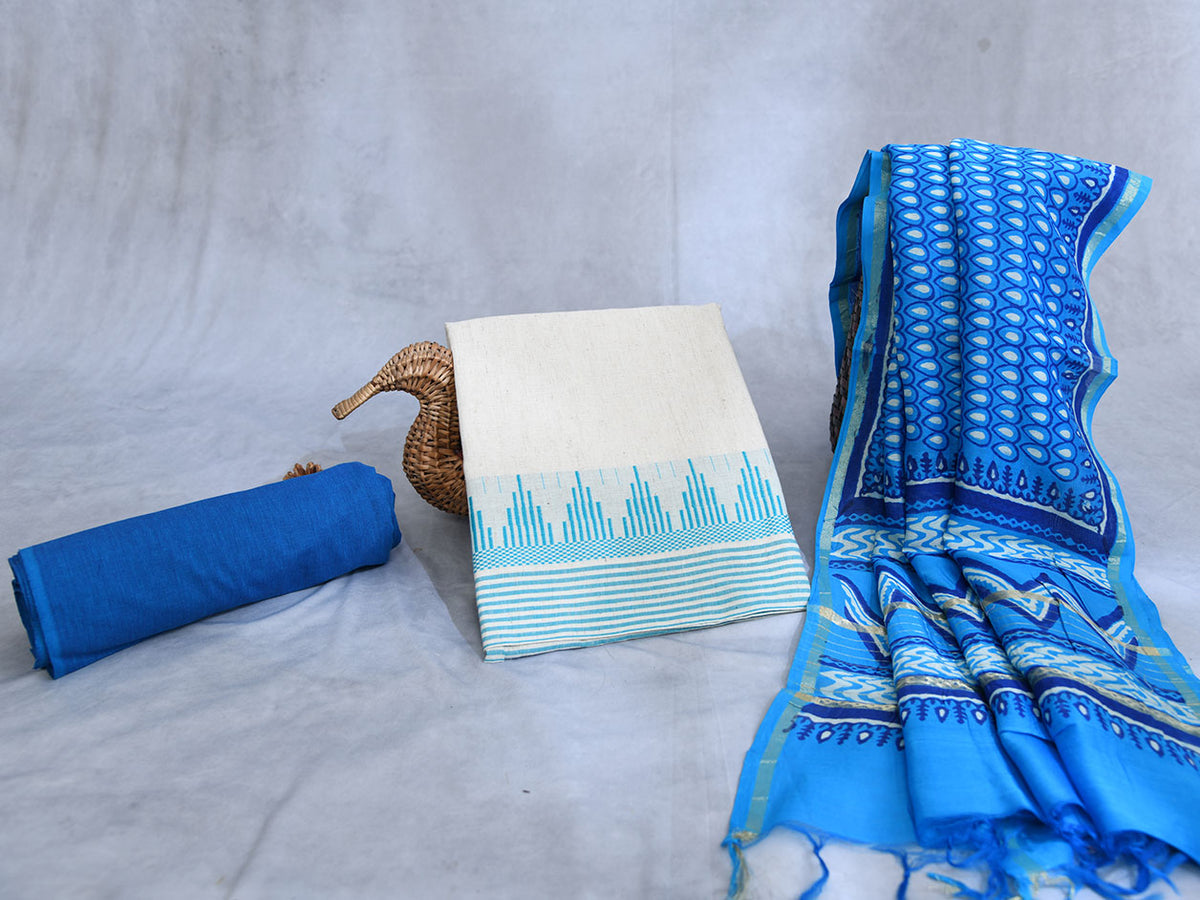 Thread Work Border In Plain Off White And Blue Cotton Unstitched Salwar Material