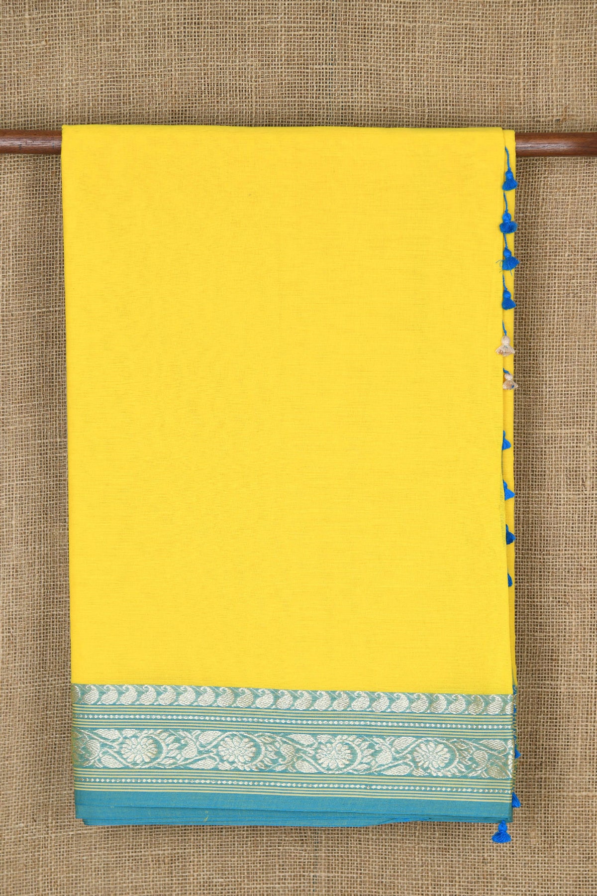 Thread Work Border In Plain Yellow Bengal Cotton Saree