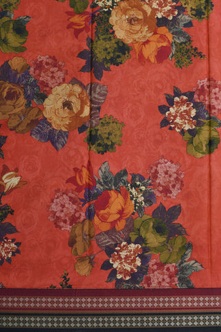 Thread Work Border With Botanical Digital Printed Blush Red Silk Saree