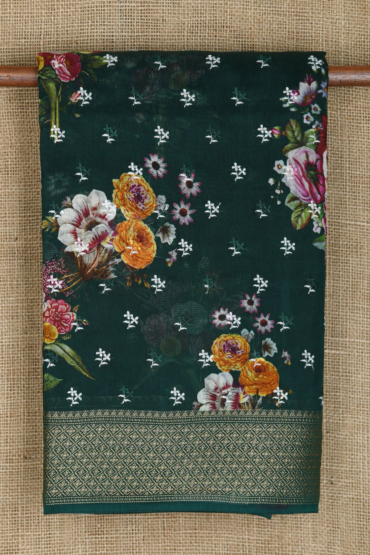 Thread Work Border With Embroidered And Botanical Digital Printed Forest Green Chanderi Silk Cotton Saree