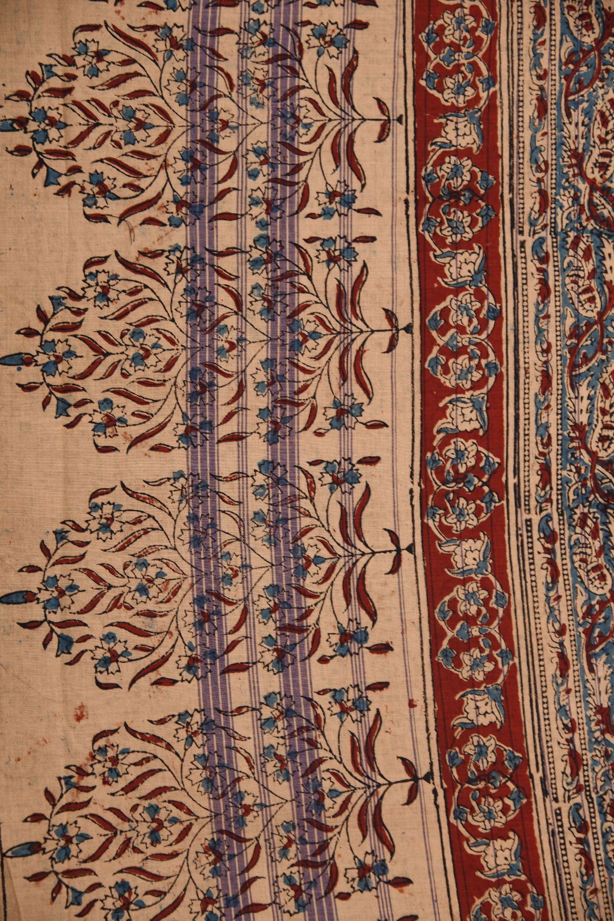 Thread Work Border With Floral Ajrakh Printed Cream Color Mangalagiri Cotton Saree