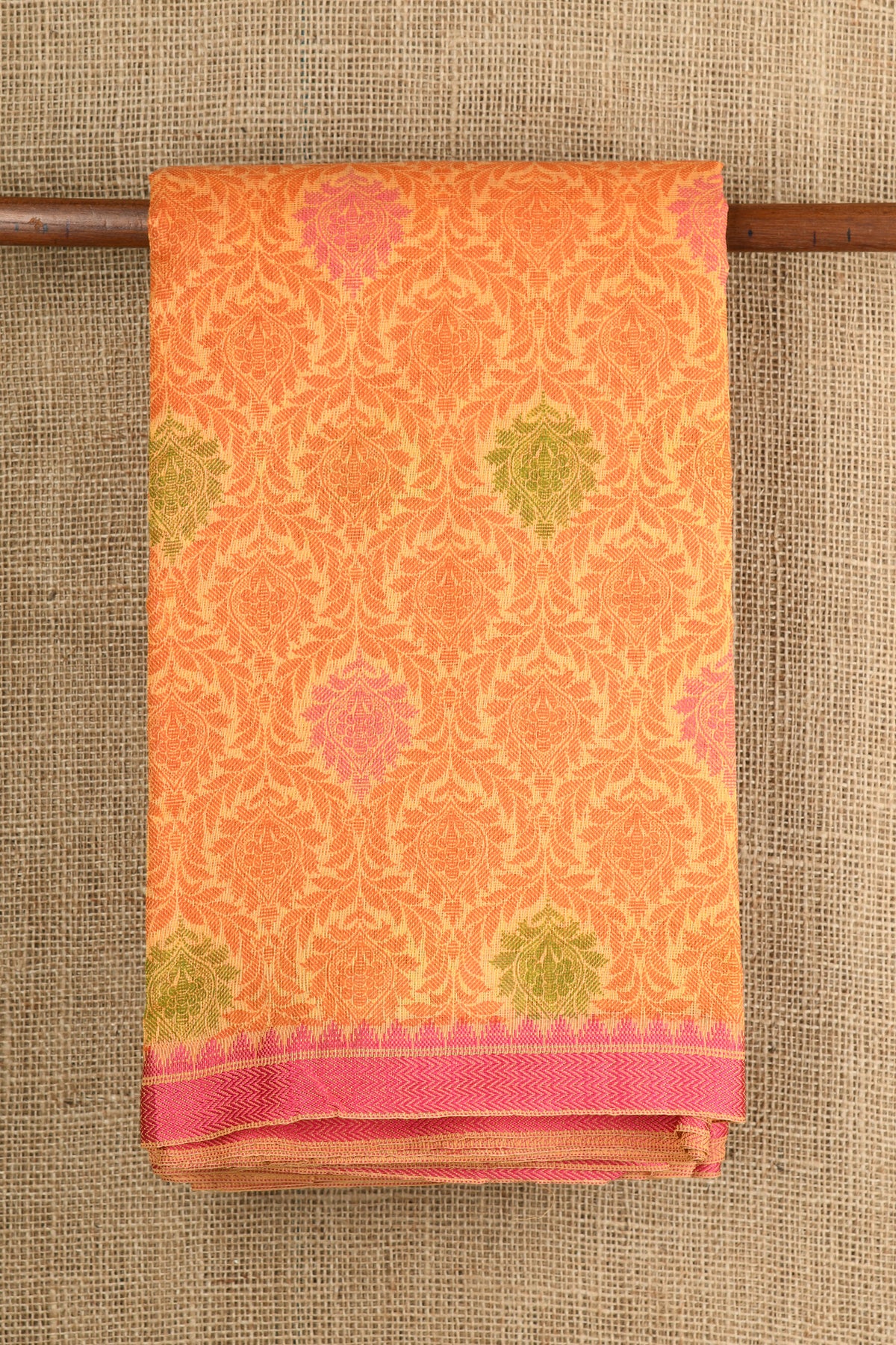 Thread Work Border With Floral Creepers Design Marigold Orange Semi Kota Silk Cotton Saree