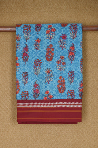 Thread Work Border With Floral Digital Printed Teal Blue Silk Saree