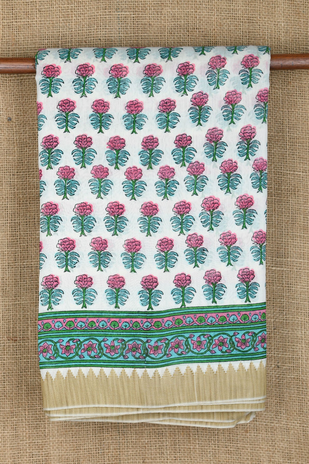 Thread Work Border With Floral Printed Off White Maheswari Silk Cotton Saree
