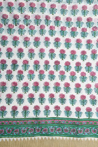 Thread Work Border With Floral Printed Off White Maheswari Silk Cotton Saree