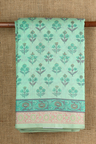 Thread Work Border With Floral Printed Soft Green Kota Cotton Saree