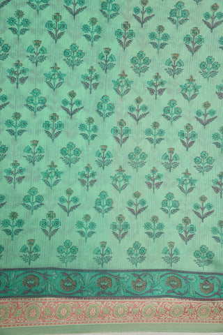 Thread Work Border With Floral Printed Soft Green Kota Cotton Saree