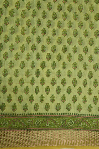 Thread Work Border With Floral Printed Soft Green Semi Kora Cotton Saree