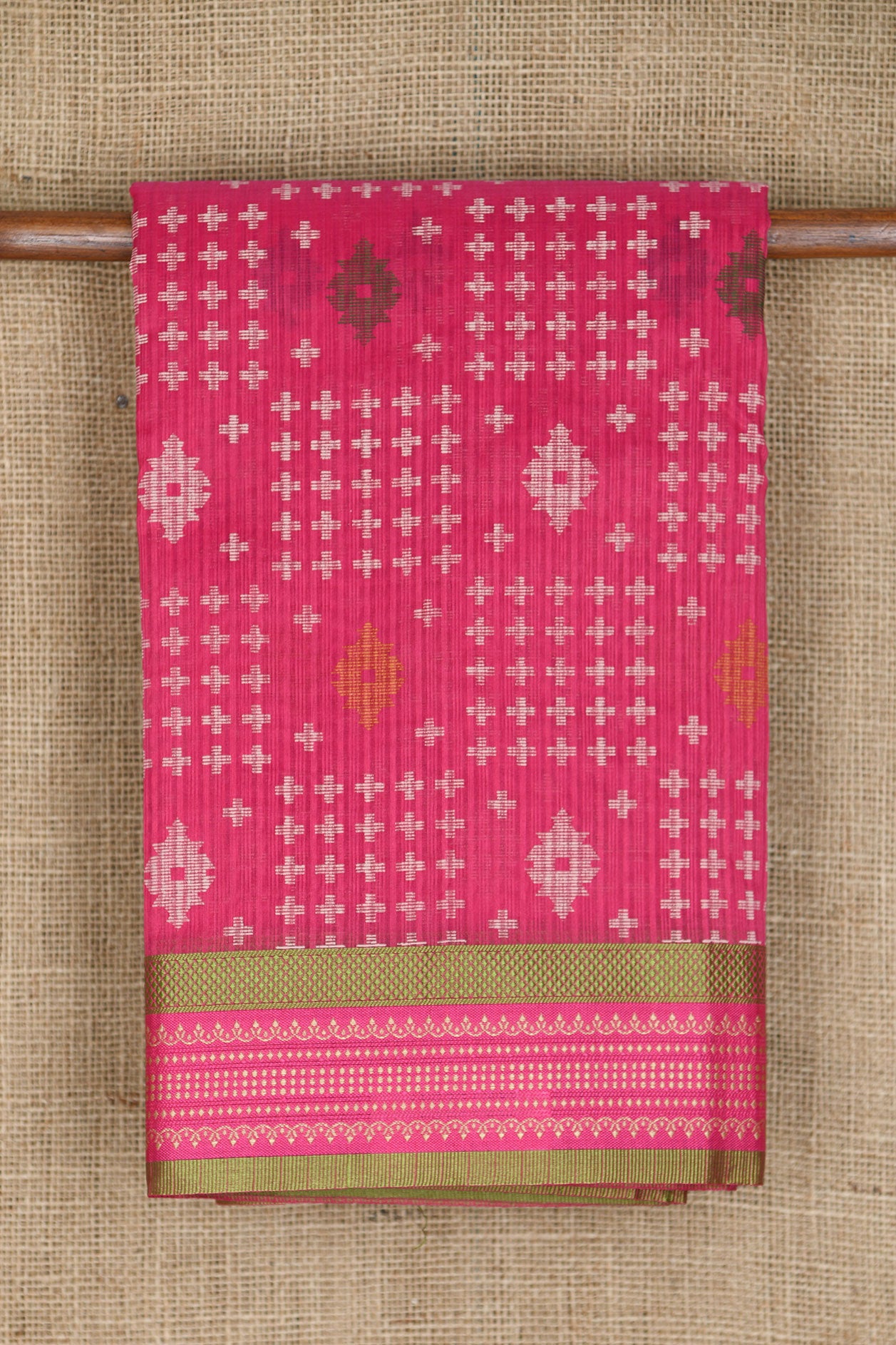 Thread Work Border With Geometric Pattern Magenta Pink Semi Kota Cotton Saree
