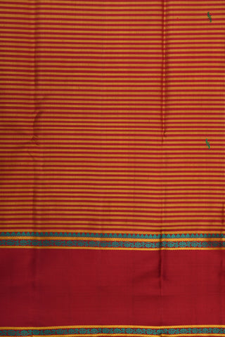 Thread Work Border With Maroon And Mustard Stripes Kanchipuram Silk Saree