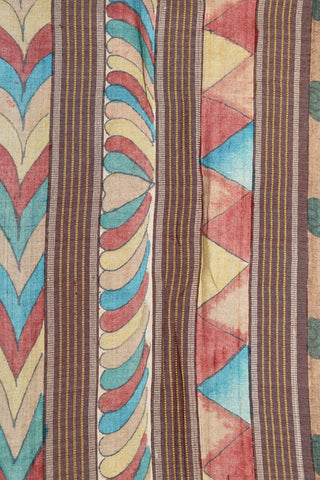 Thread Work Contrast Border With Kalamkari Hand Painted Multicolor Tussar Silk Saree