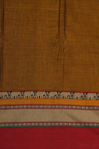 Thread Work Elephant Border In Plain Ochre Brown Semi Dharwad Cotton Saree