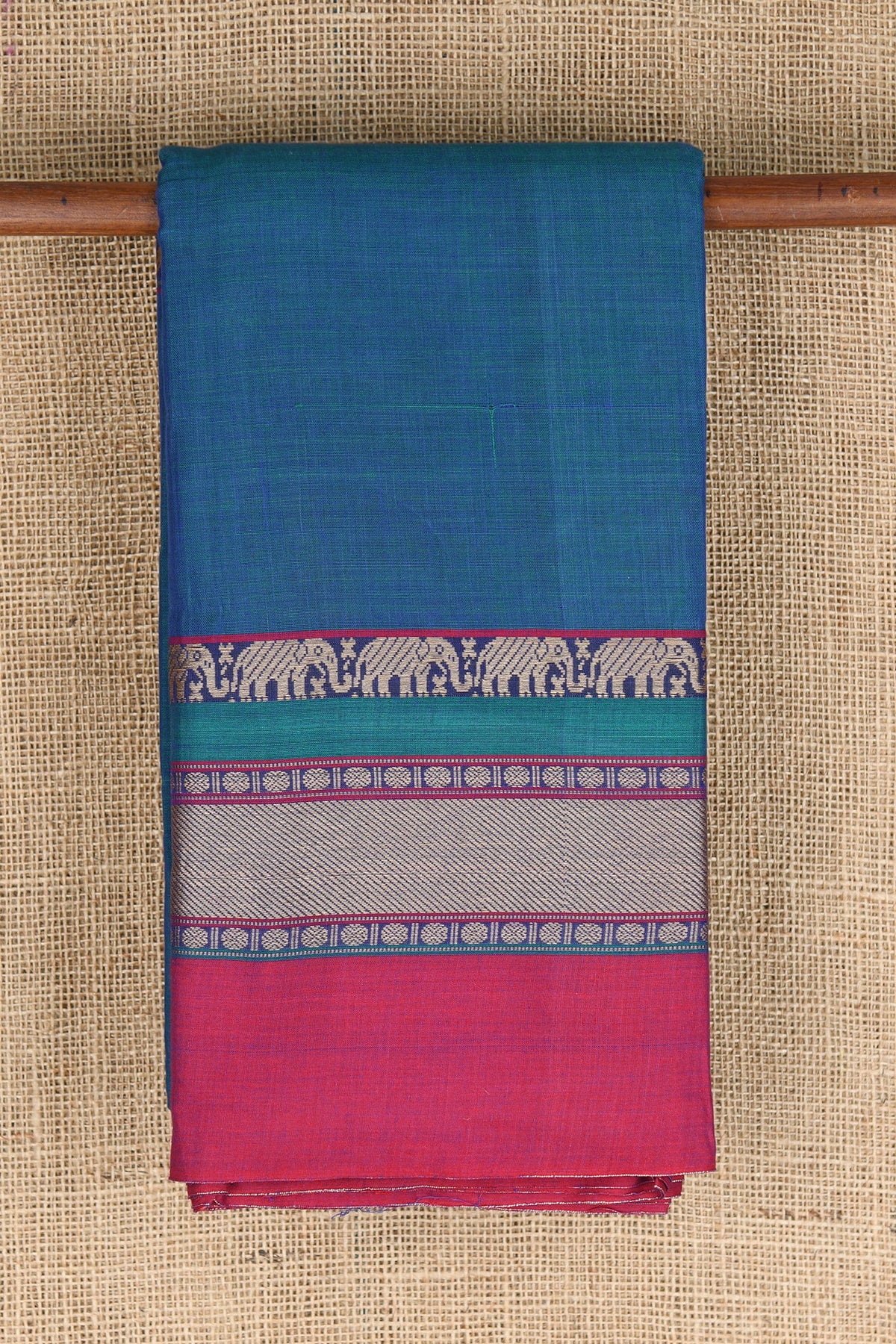 Thread Work Elephant Border In Plain Peacock Blue Semi Dharwad Cotton Saree