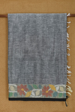 Thread Work Floral Border In Plain Grey Linen Saree
