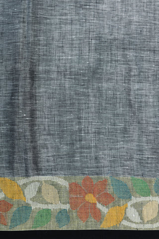 Thread Work Floral Border In Plain Grey Linen Saree